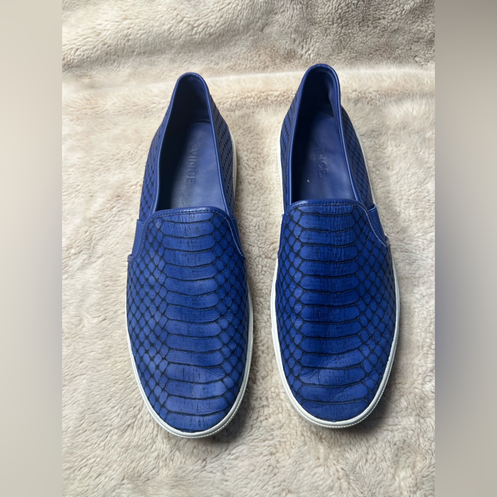 Vince Blue Leather Snake-Embossed Slip-On Flats